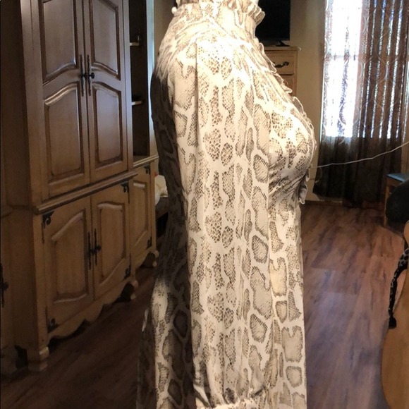 SHEIN Snake Print Ruffle Mock Neck Long Sleeve Mini Dress Beige Brown Small - Picture 2 of 6